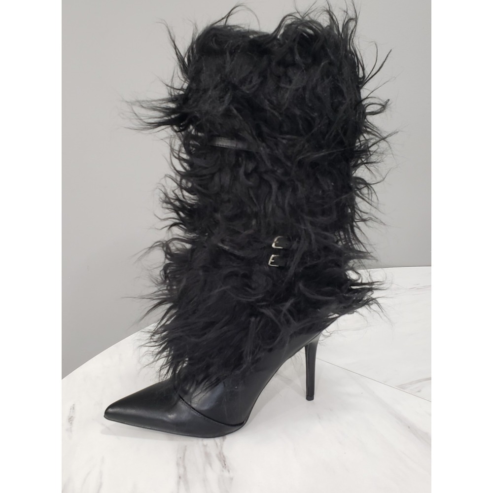 NEW NO BOX - SIZE 9 black faux fur heel pumps boots fuzzy buckle strap
